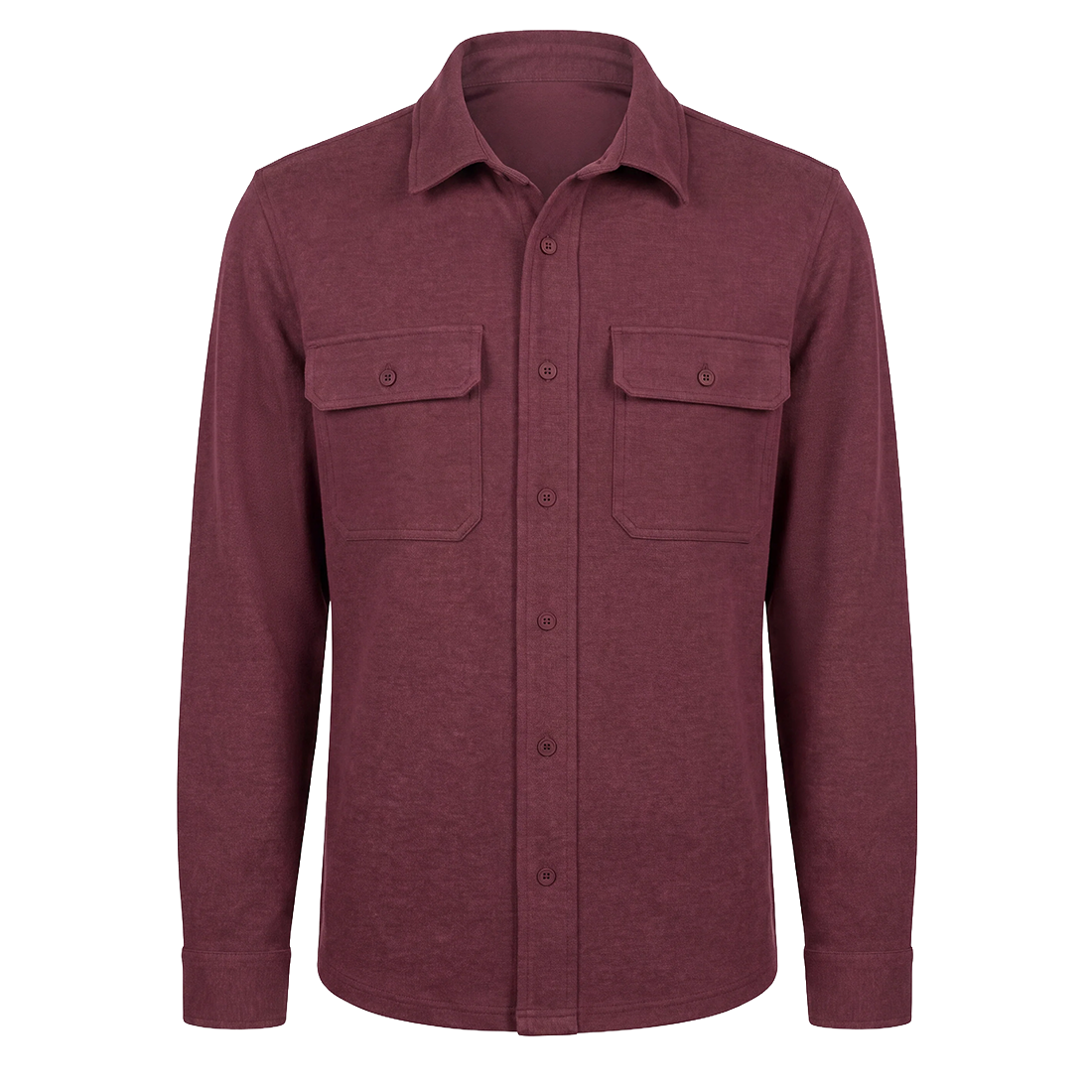 Flat lay of a Windsor Wine brushed knit button-up shirt with two flap chest pockets and a point collar