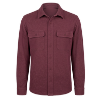 Flat lay of a Windsor Wine brushed knit button-up shirt with two flap chest pockets and a point collar
