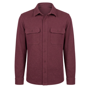 Flat lay of a Windsor Wine brushed knit button-up shirt with two flap chest pockets and a point collar