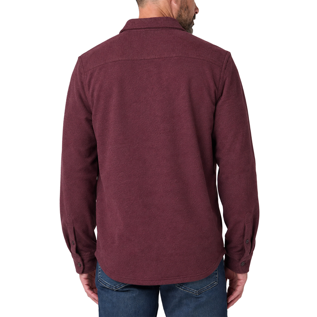 Back view on model of the Windsor Wine knit shirt showing the shoulder yoke, shirttail hem and button tab cuffs