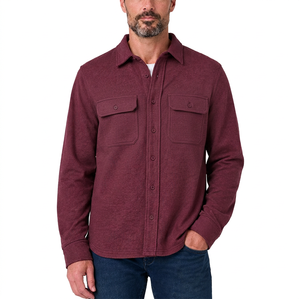 Man in the Windsor Wine knit button-up with two flap chest pockets, worn over a white tee with dark jeans