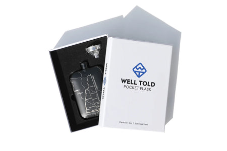 Well told brand Omaha flask in Black with stainless steel flask funnel, shown in packaging box