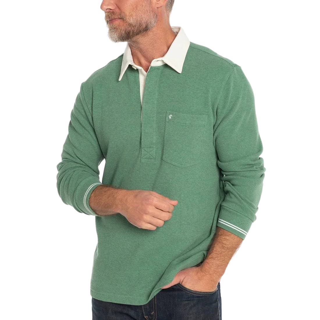 Man wearing Waffle Rugby Shirt in Heather Green, profile view showing cream collar and chest pocket - The Simple Man