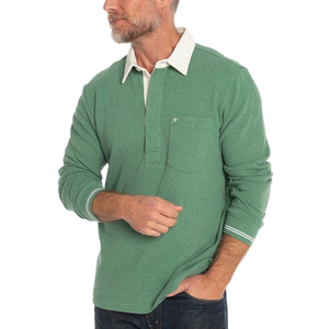 Man wearing Waffle Rugby Shirt in Heather Green, profile view showing cream collar and chest pocket - The Simple Man