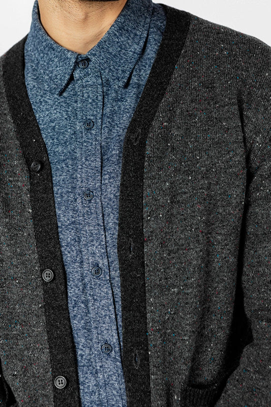 Bridge & Burn Walker cardigan sweater in Charcoal, close up detail view
