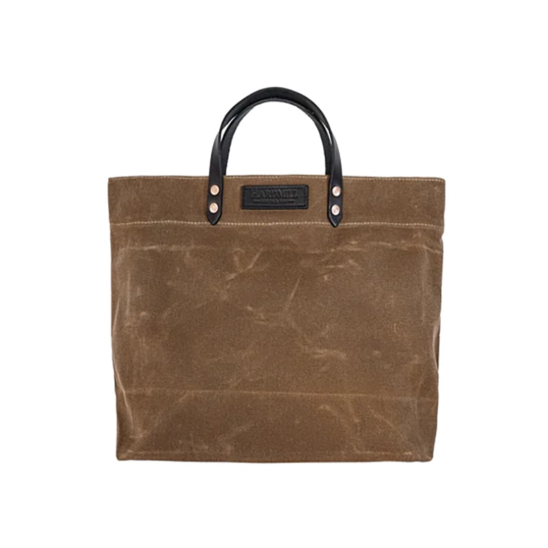 Hardmill waxed canvas grocery tote in tan, front view