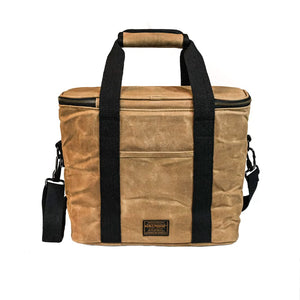 Tan waxed canvas 18L cooler bag with black webbing handles and shoulder strap, opposite side view, The Simple Man