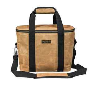 Tan waxed canvas 18L cooler bag with black webbing handles, shoulder strap and brand patch, front view, The Simple Man