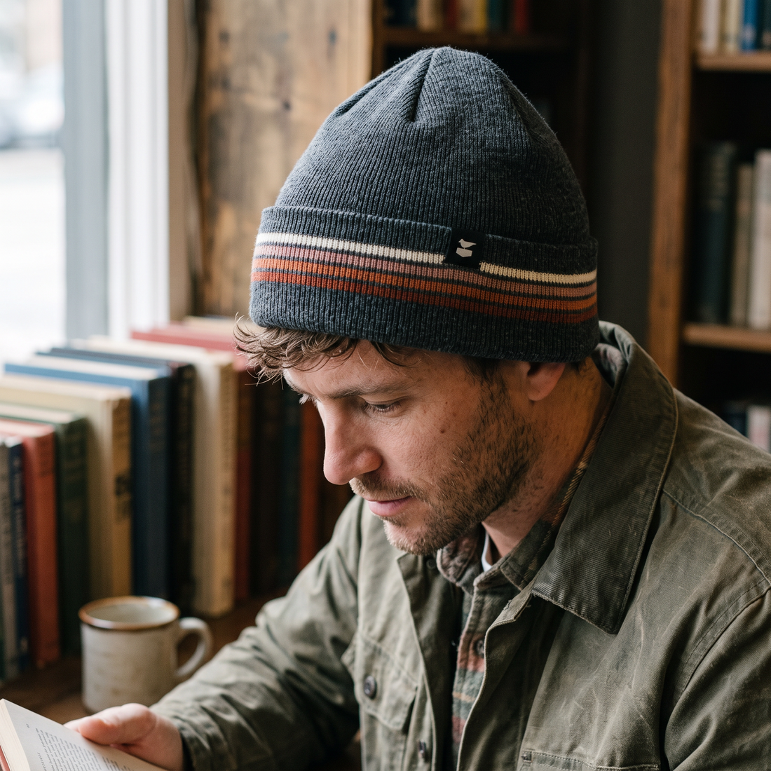 Man reading in a dark charcoal Wayland Beanie with cream and rust cuff stripes, olive work jacket, bookshelf behind him