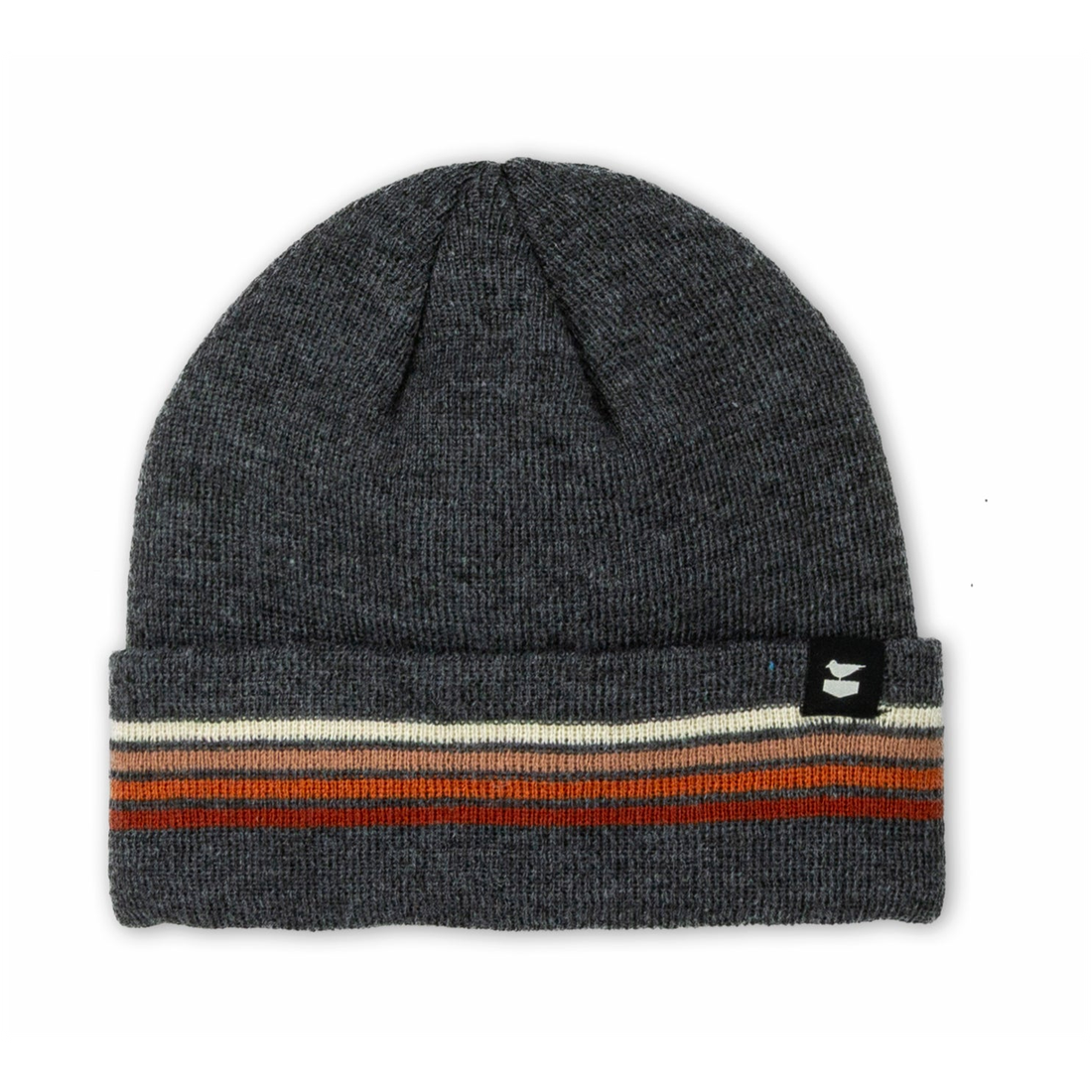 Charcoal knit Wayland Beanie with cream and rust stripes across the folded cuff, front view
