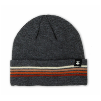 Charcoal knit Wayland Beanie with cream and rust stripes across the folded cuff, front view