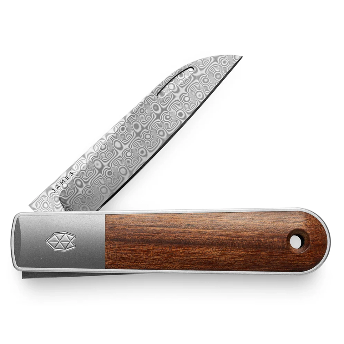 The James Brand Wayland knife rosewood and Damasteel soldier view closed