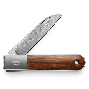 The James Brand Wayland knife rosewood and Damasteel soldier view closed