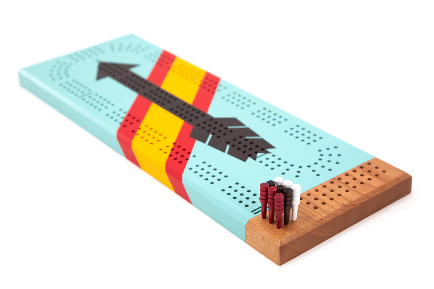 West Cribbage Board with hand-painted arrow design on teal surface, Cherry wood end, and included red, black, and white cribbage pegs