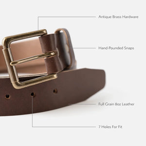 Windom men's leather belt detail diagram – antique brass hardware, hand-pounded snaps, full grain 8oz leather, 7 fit holes