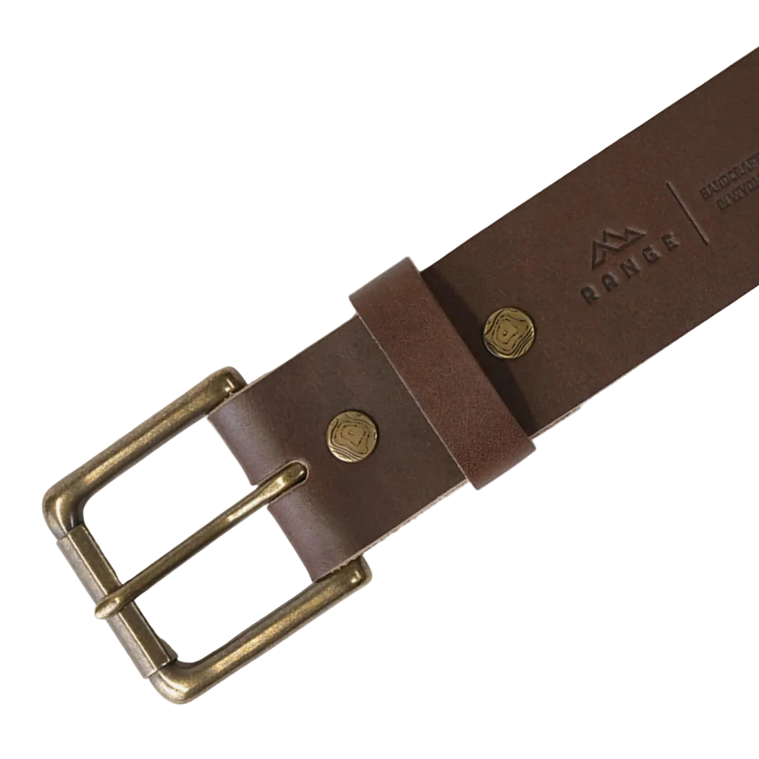 Range Leather Co. Windom Belt close-up – antique brass buckle and hand-pounded snaps on full grain nut brown Horween leather