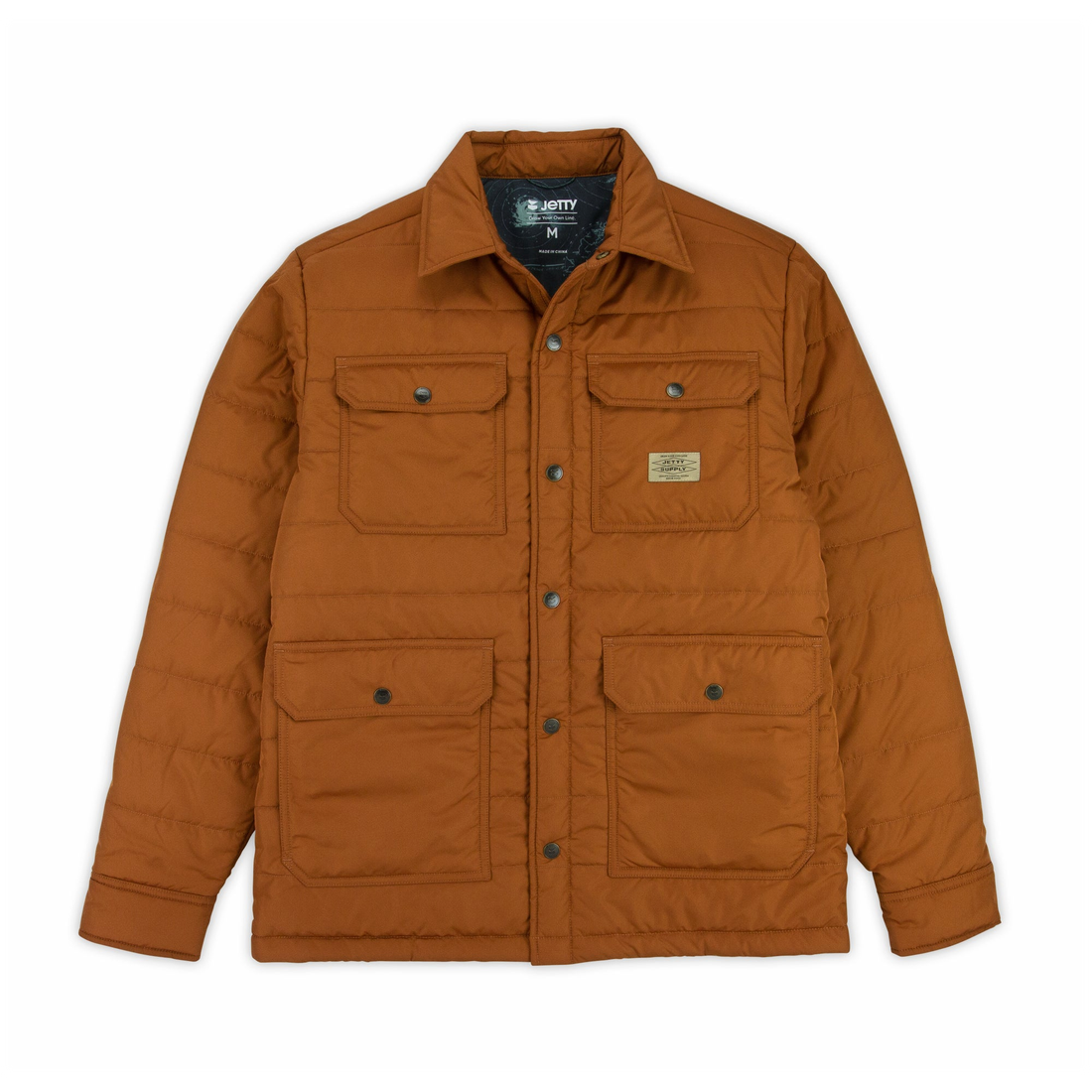 Toffee Windward Collared Puffer Jacket laid flat with snap front and four flap pockets, front view