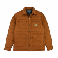 Toffee Windward Collared Puffer Jacket laid flat with snap front and four flap pockets, front view