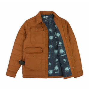 Windward puffer jacket unsnapped to show the navy printed interior liner and inside pocket