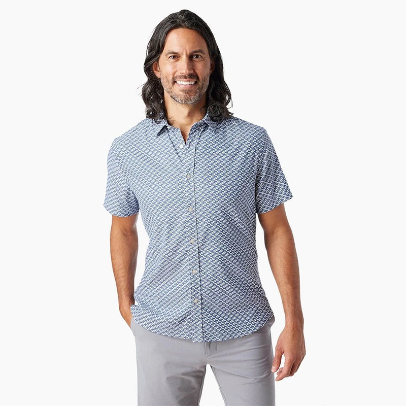 Model Wearing Fair Harbor Winward shirt in Navy Geo Print, front view