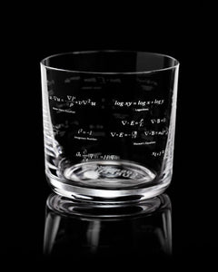 Clear whiskey tumbler with engraved equations and scientific formulas on black background – The Simple Man Store