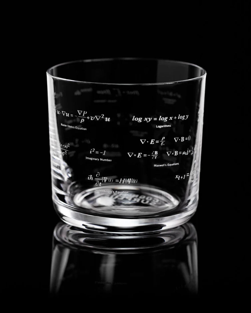 Clear whiskey tumbler with engraved equations and scientific formulas on black background – The Simple Man Store