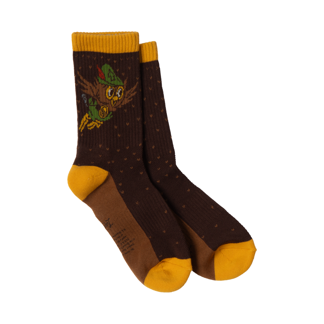 Pair of basalt brown crew socks with Woodsy Owl in a green cap and mustard cuff, heel and toe