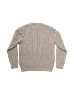 Back view of men's ribbed wool Donegal crewneck sweater in off-white