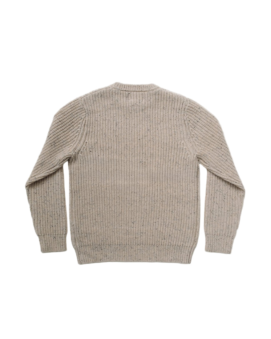 Back view of men's ribbed wool Donegal crewneck sweater in off-white