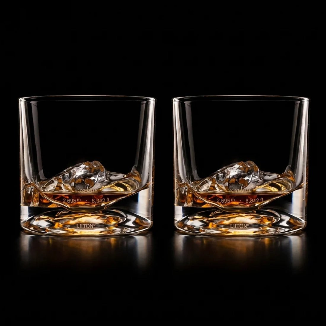 Close-up of Yosemite Crystal Whiskey Glass showing sculpted mountain base with LIITON and Yosemite elevation engraving - The Simple Man