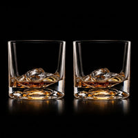 Close-up of Yosemite Crystal Whiskey Glass showing sculpted mountain base with LIITON and Yosemite elevation engraving - The Simple Man
