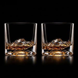 Close-up of Yosemite Crystal Whiskey Glass showing sculpted mountain base with LIITON and Yosemite elevation engraving - The Simple Man
