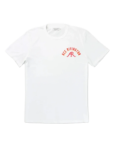ce Rivington Ace Denim Crewneck Tee in Chalk – front flat lay showing small chest logo on men's 100% Supima cotton white t-shirt made in USA