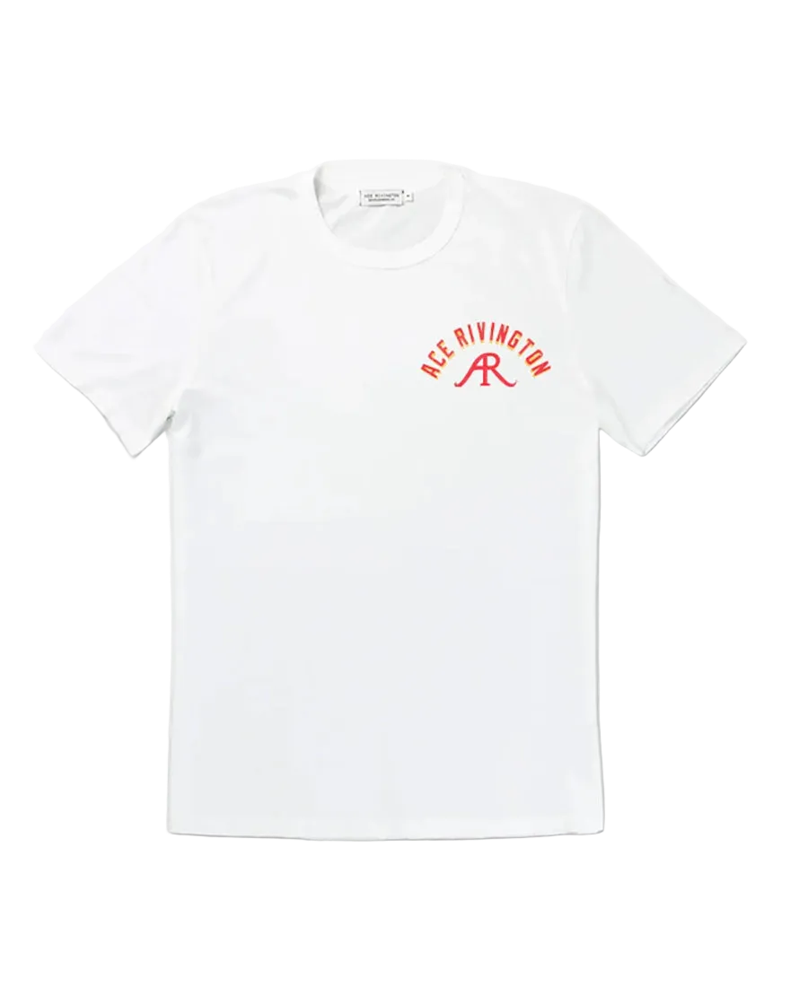ce Rivington Ace Denim Crewneck Tee in Chalk – front flat lay showing small chest logo on men's 100% Supima cotton white t-shirt made in USA