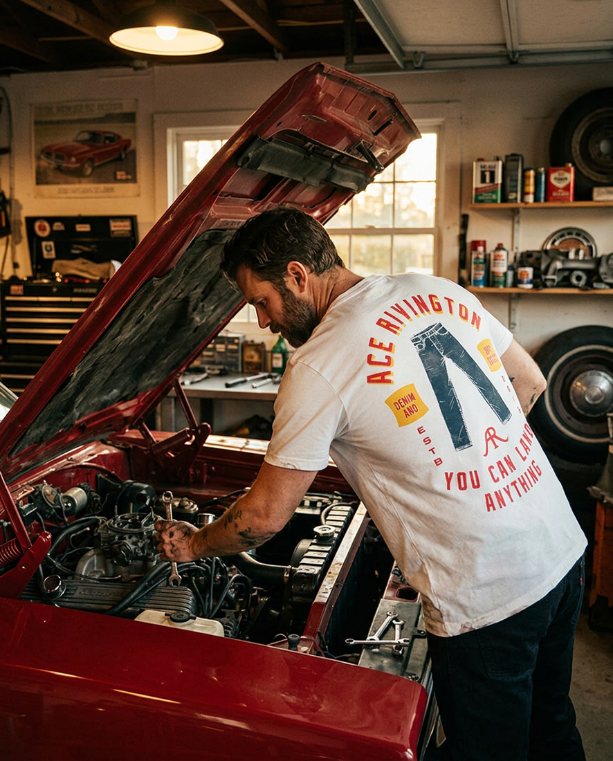 Back of Ace Rivington Denim and Co chalk t-shirt with vintage graphic worn by man working on classic car engine – The Simple Man