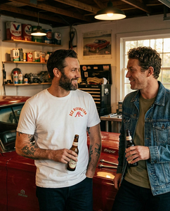 Ace Rivington chalk white t-shirt with AR chest logo worn by man in vintage garage with classic car – The Simple Man
