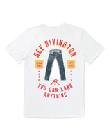 Ace Rivington Ace Denim Crewneck Tee Chalk – back view showing vintage denim graphic and You Can Land Anything motto on men's Supima cotton tee