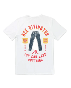 Ace Rivington Ace Denim Crewneck Tee Chalk – back view showing vintage denim graphic and You Can Land Anything motto on men's Supima cotton tee
