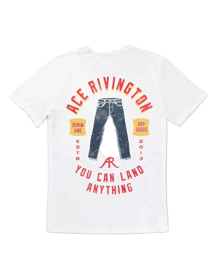 Ace Rivington Ace Denim Crewneck Tee Chalk – back view showing vintage denim graphic and You Can Land Anything motto on men's Supima cotton tee