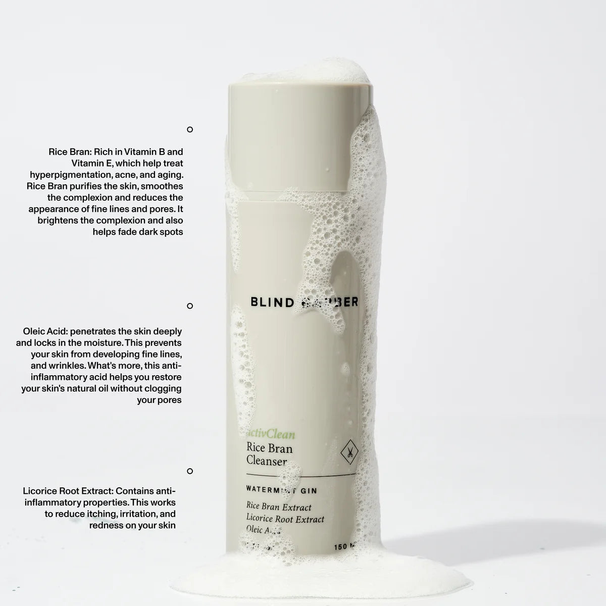 Blind Barber ActivClean Rice Bran Cleanser bottle with foaming lather, rice bran and licorice root detail, The Simple Man
