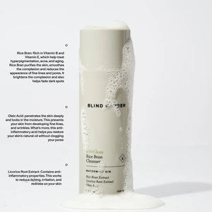 Blind Barber ActivClean Rice Bran Cleanser bottle with foaming lather, rice bran and licorice root detail, The Simple Man