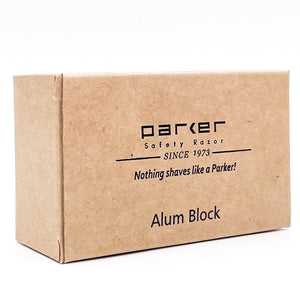 Parker alum block packaged in its cardboard box with Parker Safety Razor branding — classic aftershave essential available at The Simple Man.
