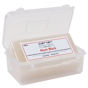 Parker 125g all-natural alum block in a clear travel case, shown open to display the solid potash alum stone – men’s post-shave skincare at The Simple Man.