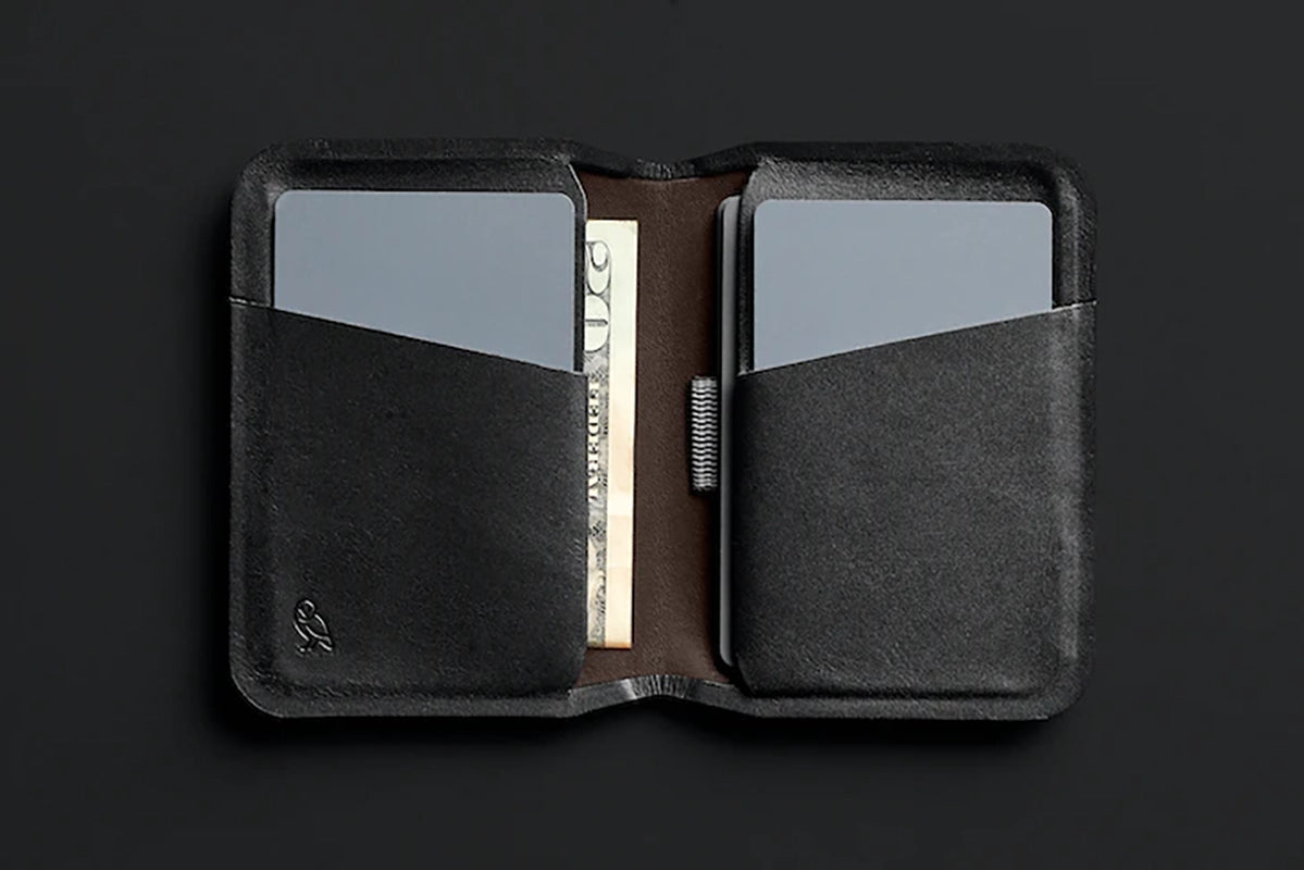 Bellroy apex slim sleeve wallet in black open flat view