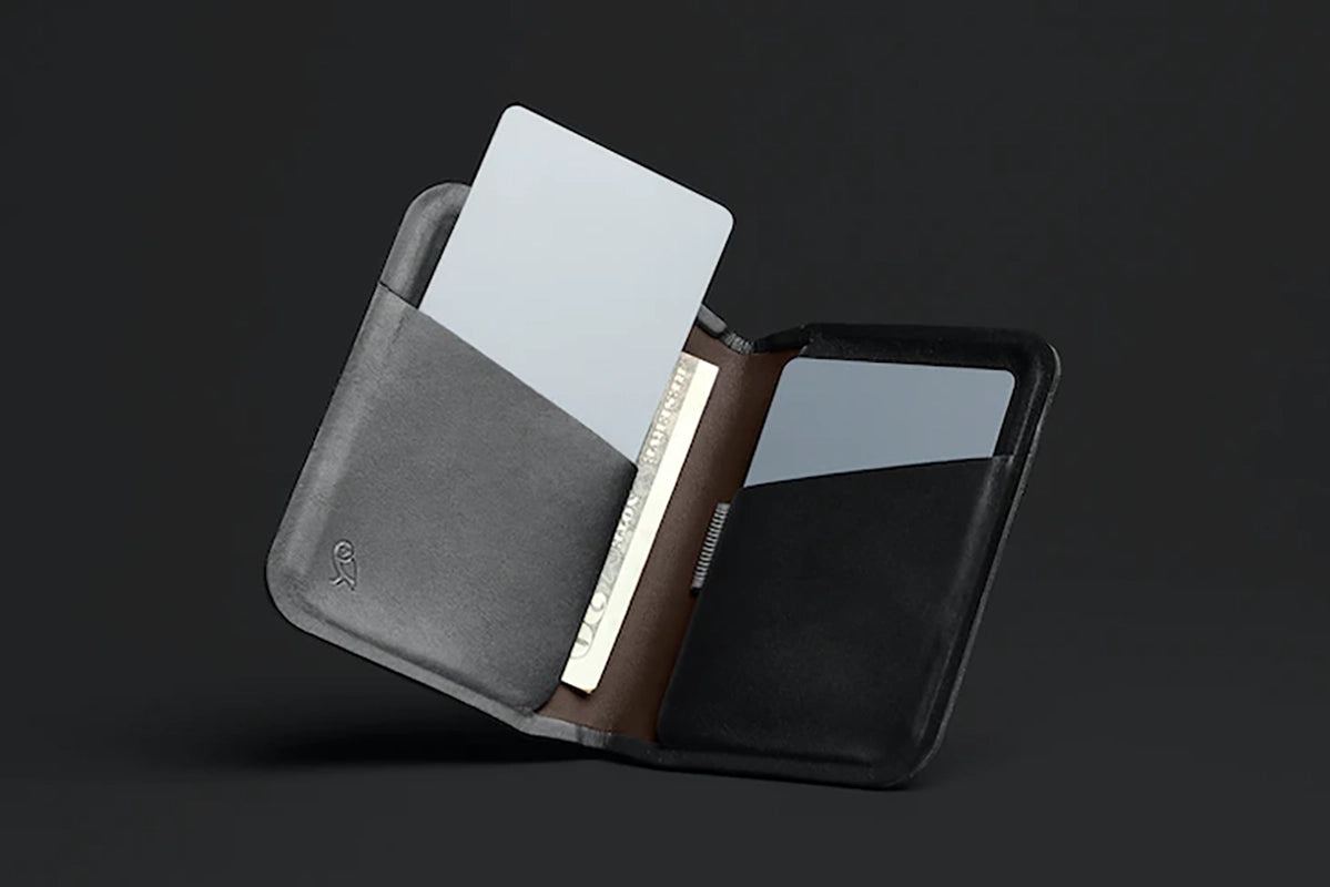 Bellroy apex slim sleeve wallet in black open and propped up  view