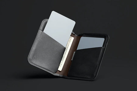 Bellroy apex slim sleeve wallet in black open and propped up  view