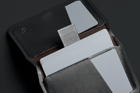 Bellroy apex slim sleeve wallet in black open and bent view