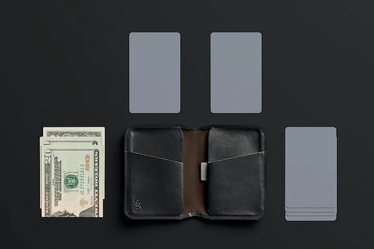 Bellroy apex slim sleeve wallet in black open with expanded contents view