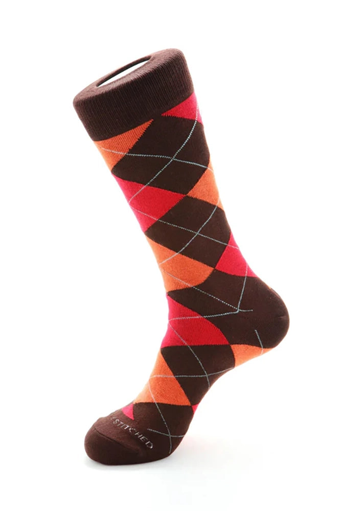 Men’s brown, orange, and red argyle cotton crew sock displayed on white background – The Simple Man