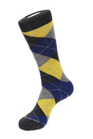 Men’s grey, yellow, and navy argyle crew sock with ribbed cuff and reinforced toe – The Simple Man
